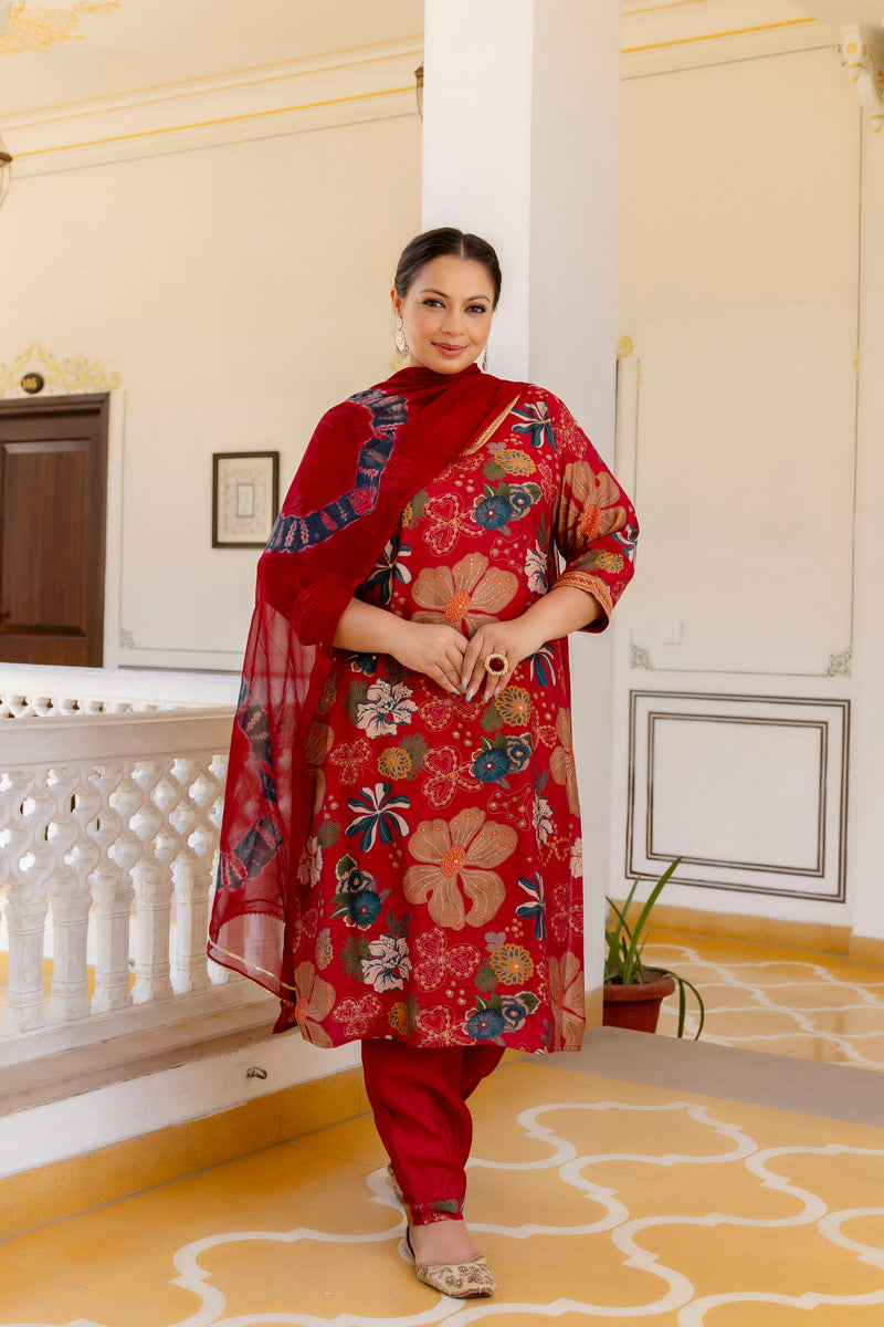 Maroon Printed Muslin Kurta Pant Dupatta Set for Women (Plus Size)