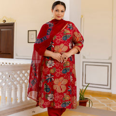 Maroon Printed Muslin Kurta Pant Dupatta Set for Women (Plus Size)