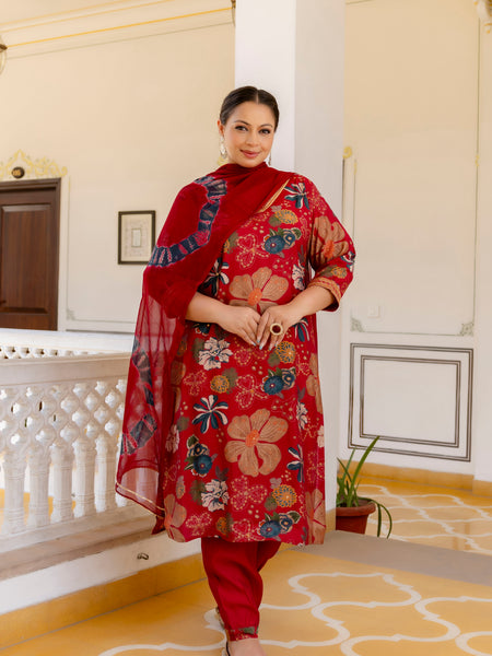 Maroon Printed Muslin Kurta Pant Dupatta Set for Women (Plus Size)