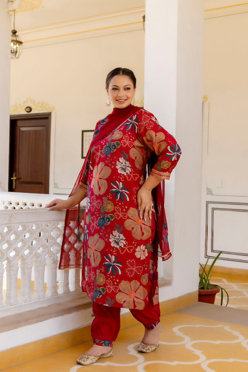 Maroon Printed Muslin Kurta Pant Dupatta Set for Women (Plus Size)