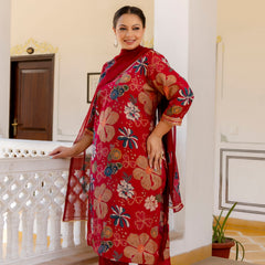 Maroon Printed Muslin Kurta Pant Dupatta Set for Women (Plus Size)