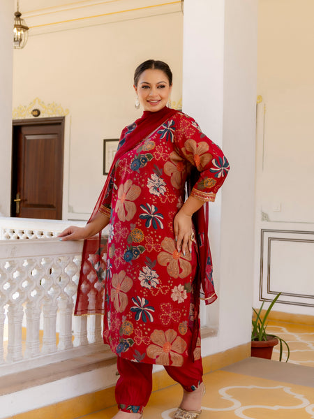 Maroon Printed Muslin Kurta Pant Dupatta Set for Women (Plus Size)