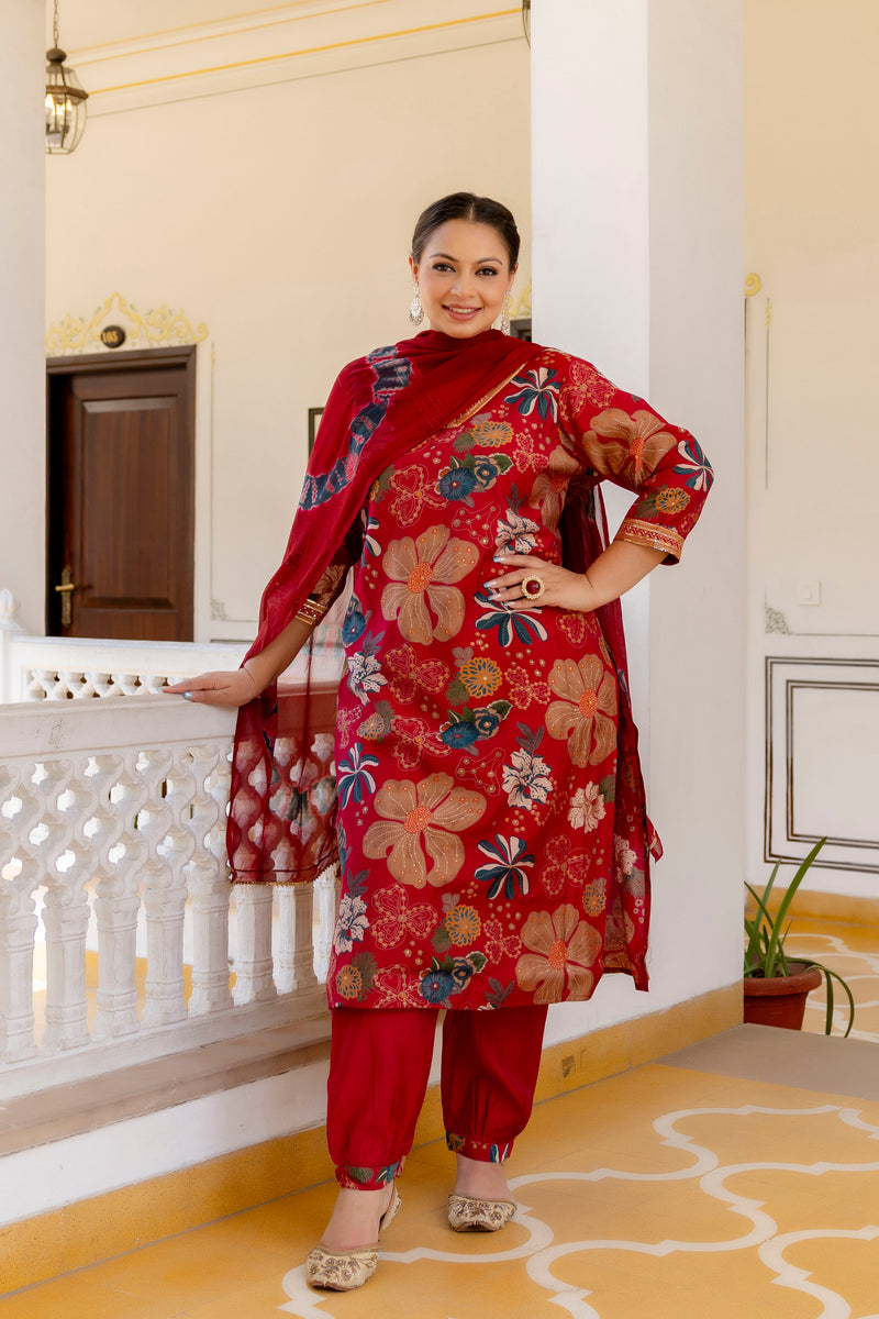 Maroon Printed Muslin Kurta Pant Dupatta Set for Women (Plus Size)