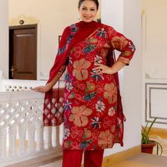 Maroon Printed Muslin Kurta Pant Dupatta Set for Women (Plus Size)