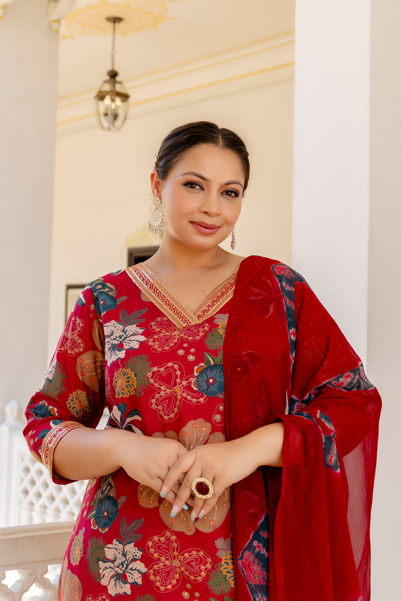 Maroon Printed Muslin Kurta Pant Dupatta Set for Women (Plus Size)