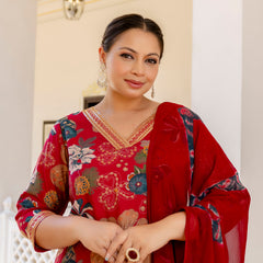 Maroon Printed Muslin Kurta Pant Dupatta Set for Women (Plus Size)