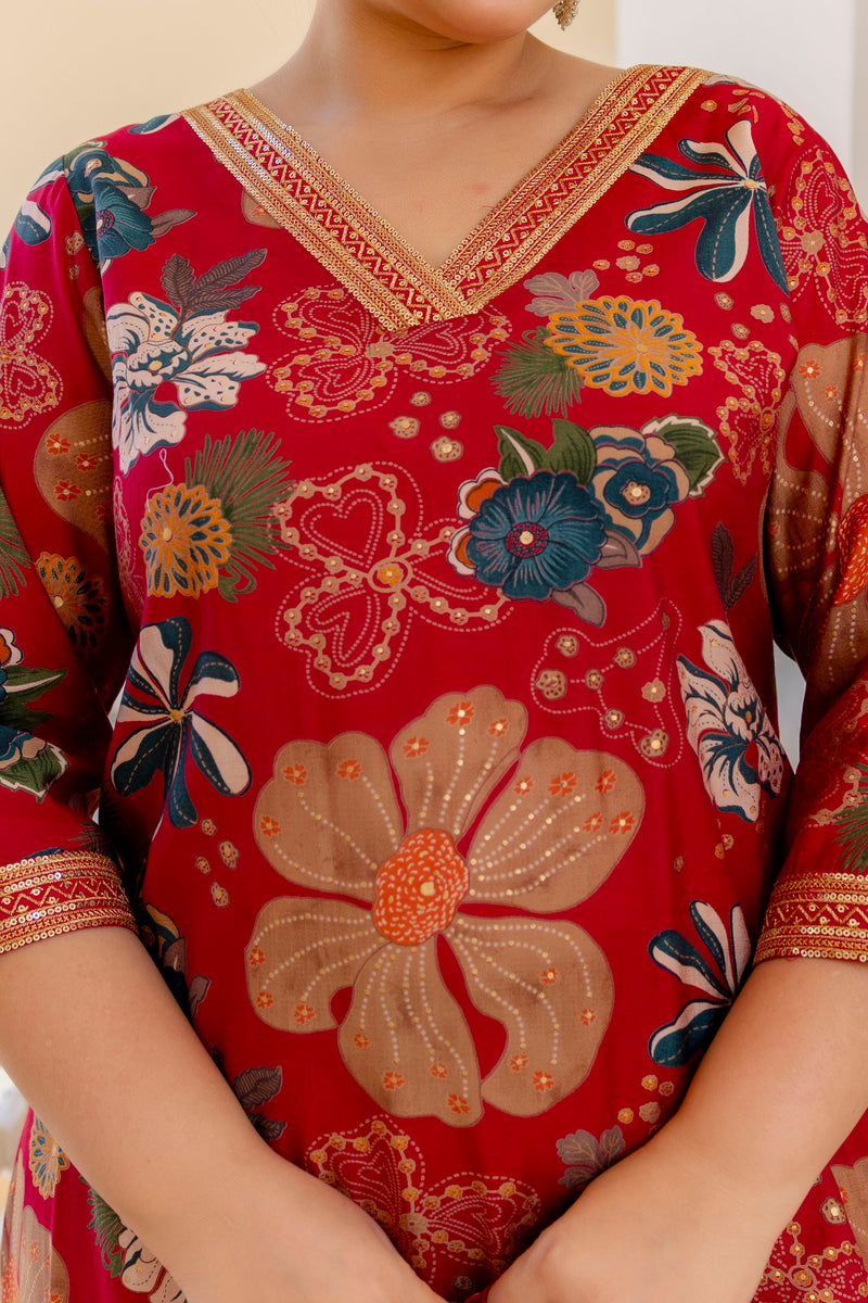 Maroon Printed Muslin Kurta Pant Dupatta Set for Women (Plus Size)