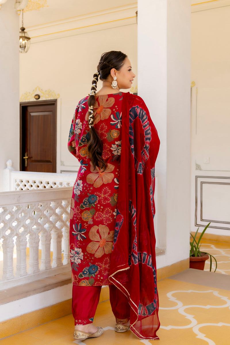 Maroon Printed Muslin Kurta Pant Dupatta Set for Women (Plus Size)