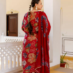 Maroon Printed Muslin Kurta Pant Dupatta Set for Women (Plus Size)