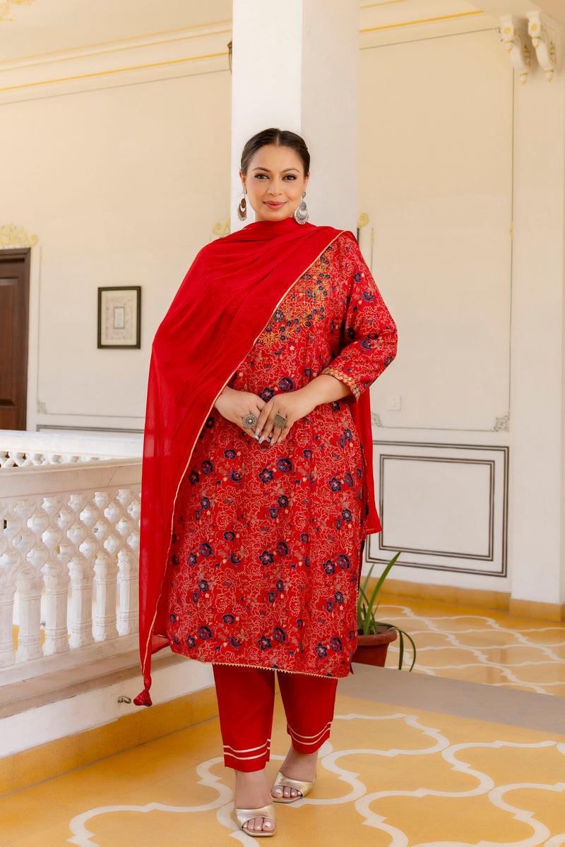 Red Printed Muslin Kurta Pant Dupatta Set for Women (Plus Size)