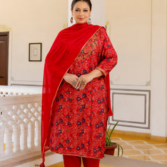 Red Printed Muslin Kurta Pant Dupatta Set for Women (Plus Size)