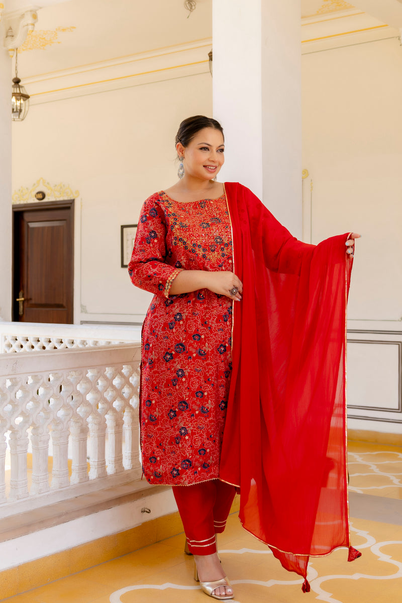 Red Printed Muslin Kurta Pant Dupatta Set for Women (Plus Size)