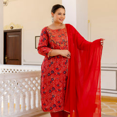 Red Printed Muslin Kurta Pant Dupatta Set for Women (Plus Size)