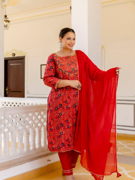 Red Printed Muslin Kurta Pant Dupatta Set for Women (Plus Size)