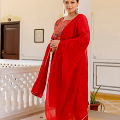 Red Printed Muslin Kurta Pant Dupatta Set for Women (Plus Size)