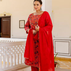 Red Printed Muslin Kurta Pant Dupatta Set for Women (Plus Size)