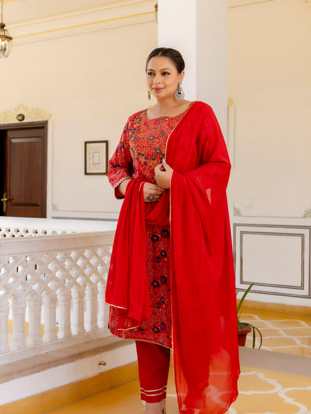 Red Printed Muslin Kurta Pant Dupatta Set for Women (Plus Size)
