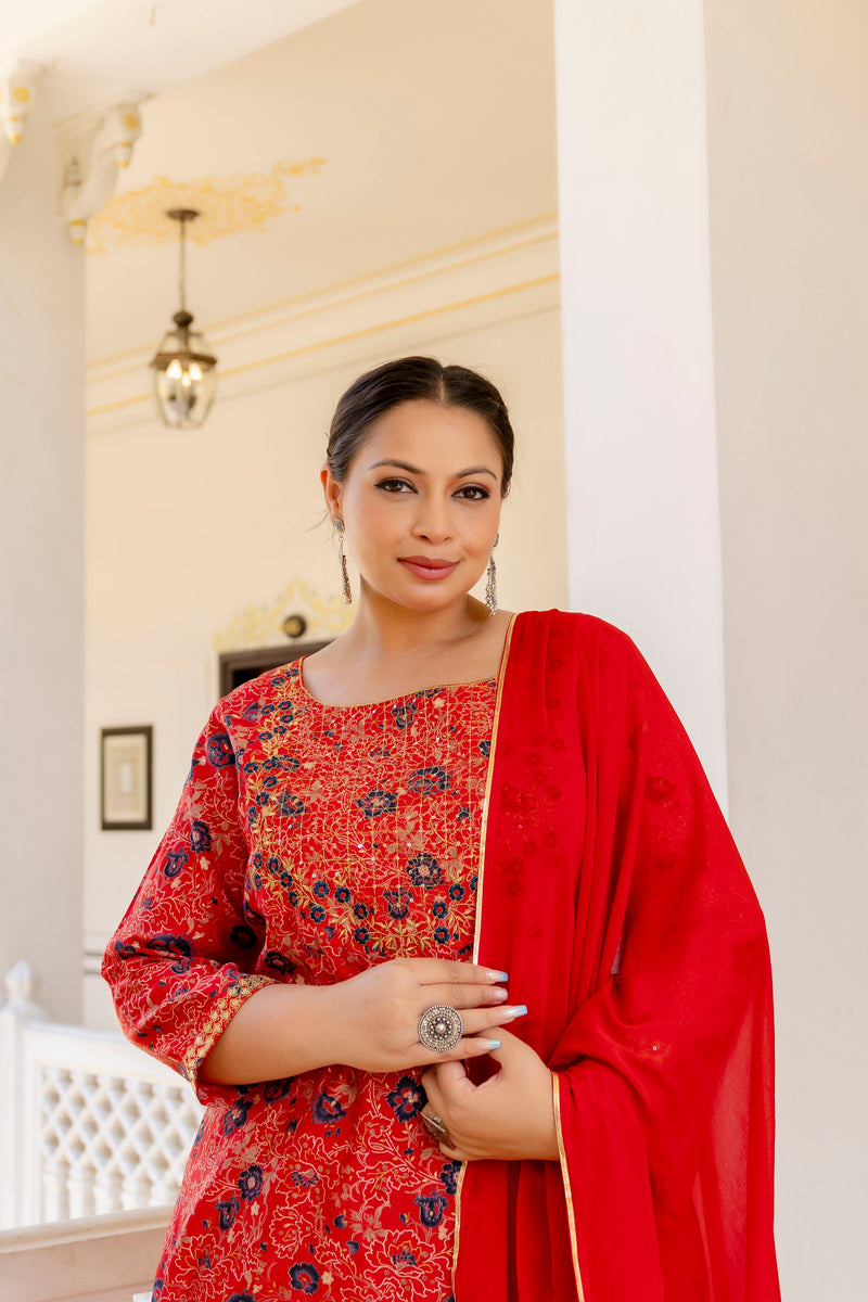 Red Printed Muslin Kurta Pant Dupatta Set for Women (Plus Size)