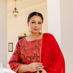 Red Printed Muslin Kurta Pant Dupatta Set for Women (Plus Size)