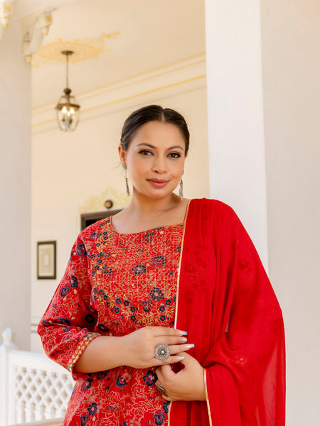 Red Printed Muslin Kurta Pant Dupatta Set for Women (Plus Size)
