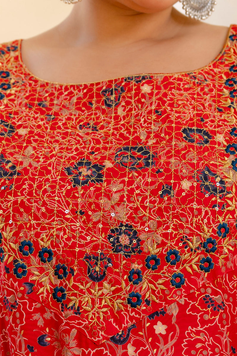 Red Printed Muslin Kurta Pant Dupatta Set for Women (Plus Size)