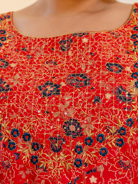 Red Printed Muslin Kurta Pant Dupatta Set for Women (Plus Size)