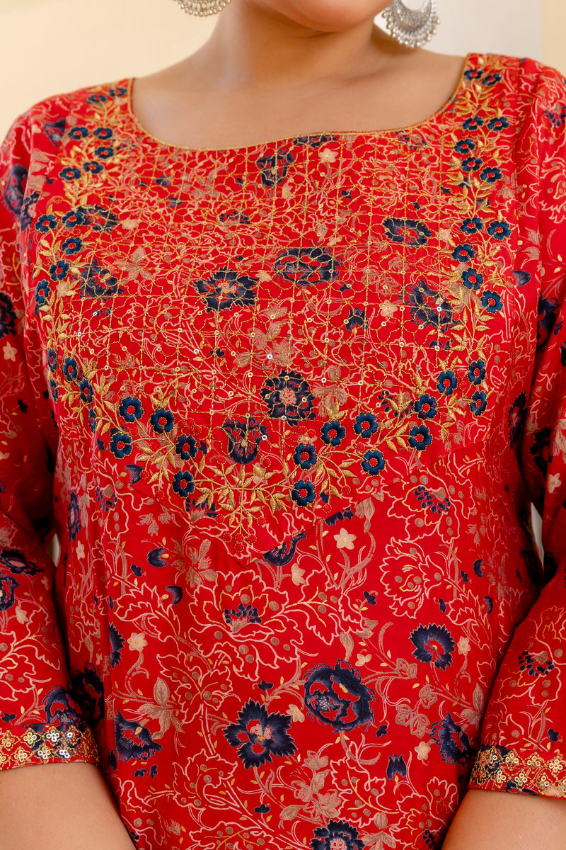 Red Printed Muslin Kurta Pant Dupatta Set for Women (Plus Size)