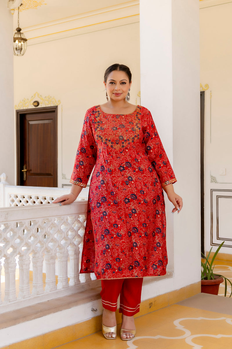 Red Printed Muslin Kurta Pant Dupatta Set for Women (Plus Size)