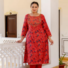 Red Printed Muslin Kurta Pant Dupatta Set for Women (Plus Size)