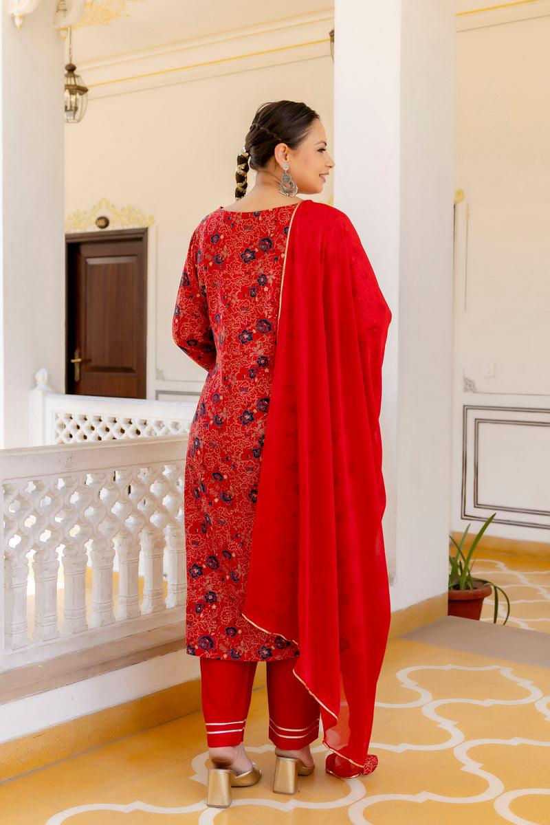 Red Printed Muslin Kurta Pant Dupatta Set for Women (Plus Size)