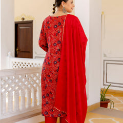 Red Printed Muslin Kurta Pant Dupatta Set for Women (Plus Size)