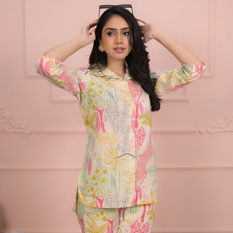 Beige Cotton Co-Ord Set with Palazzo Pants