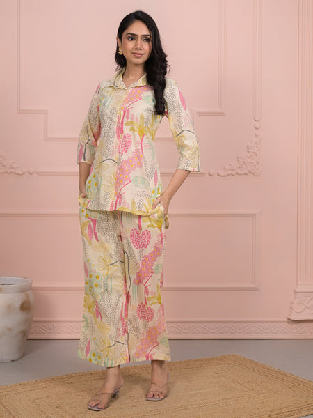 Beige Cotton Co-Ord Set with Palazzo Pants