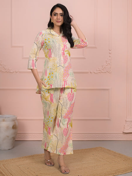 Beige Cotton Co-Ord Set with Palazzo Pants