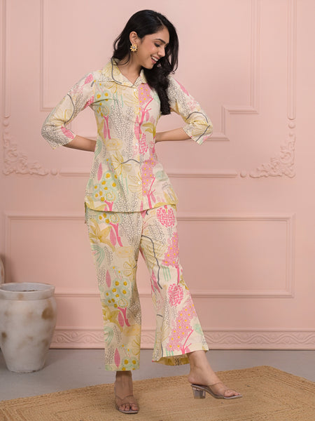 Beige Cotton Co-Ord Set with Palazzo Pants