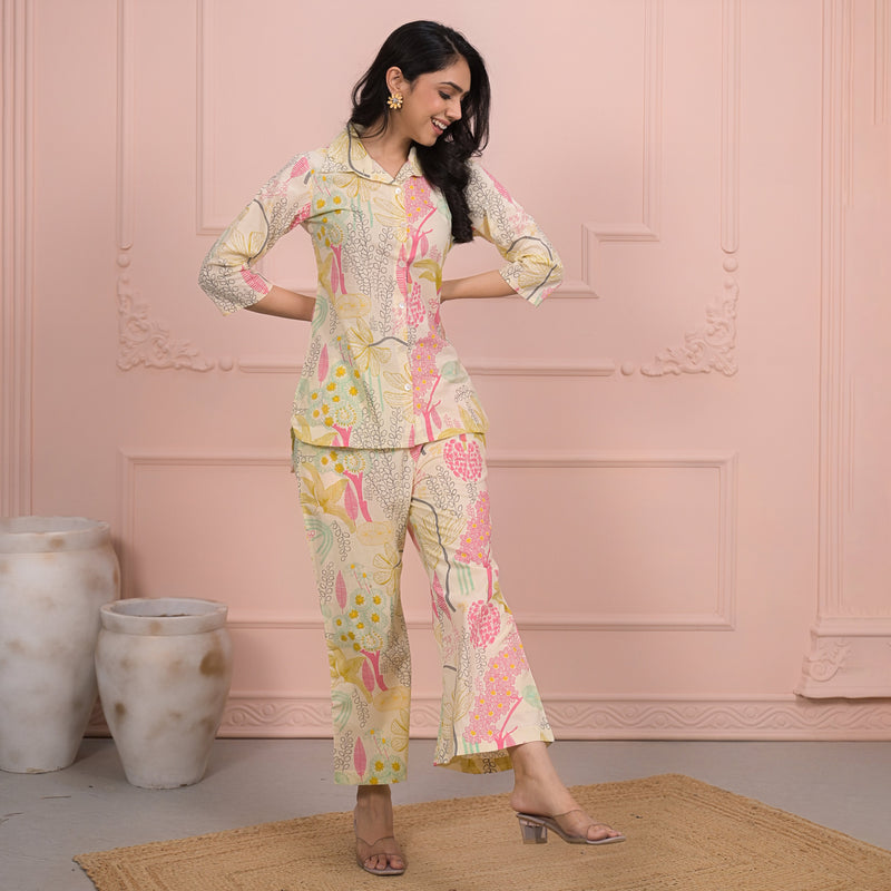 Beige Cotton Co-Ord Set with Palazzo Pants