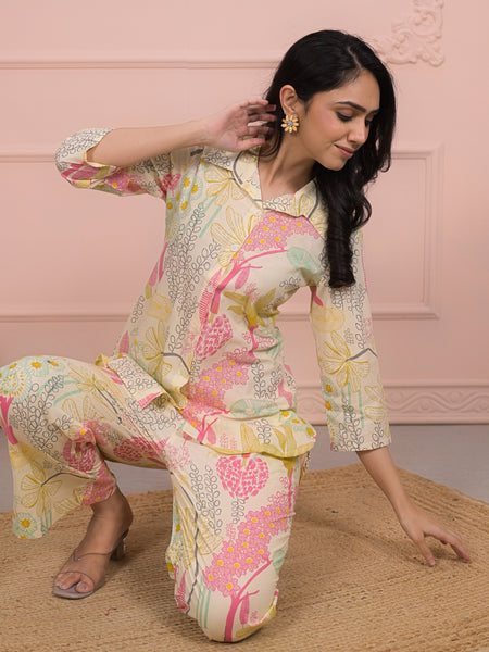 Beige Cotton Co-Ord Set with Palazzo Pants