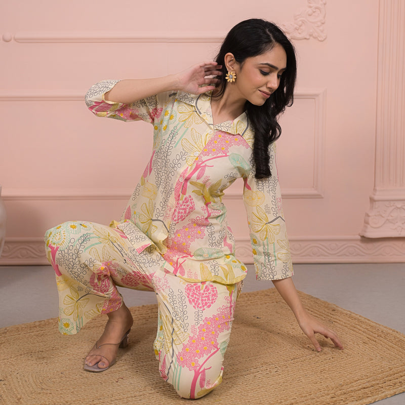 Beige Cotton Co-Ord Set with Palazzo Pants