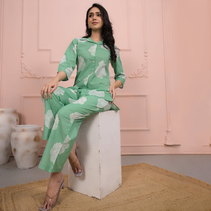 Light Green Cotton Co-Ord Set with Palazzo