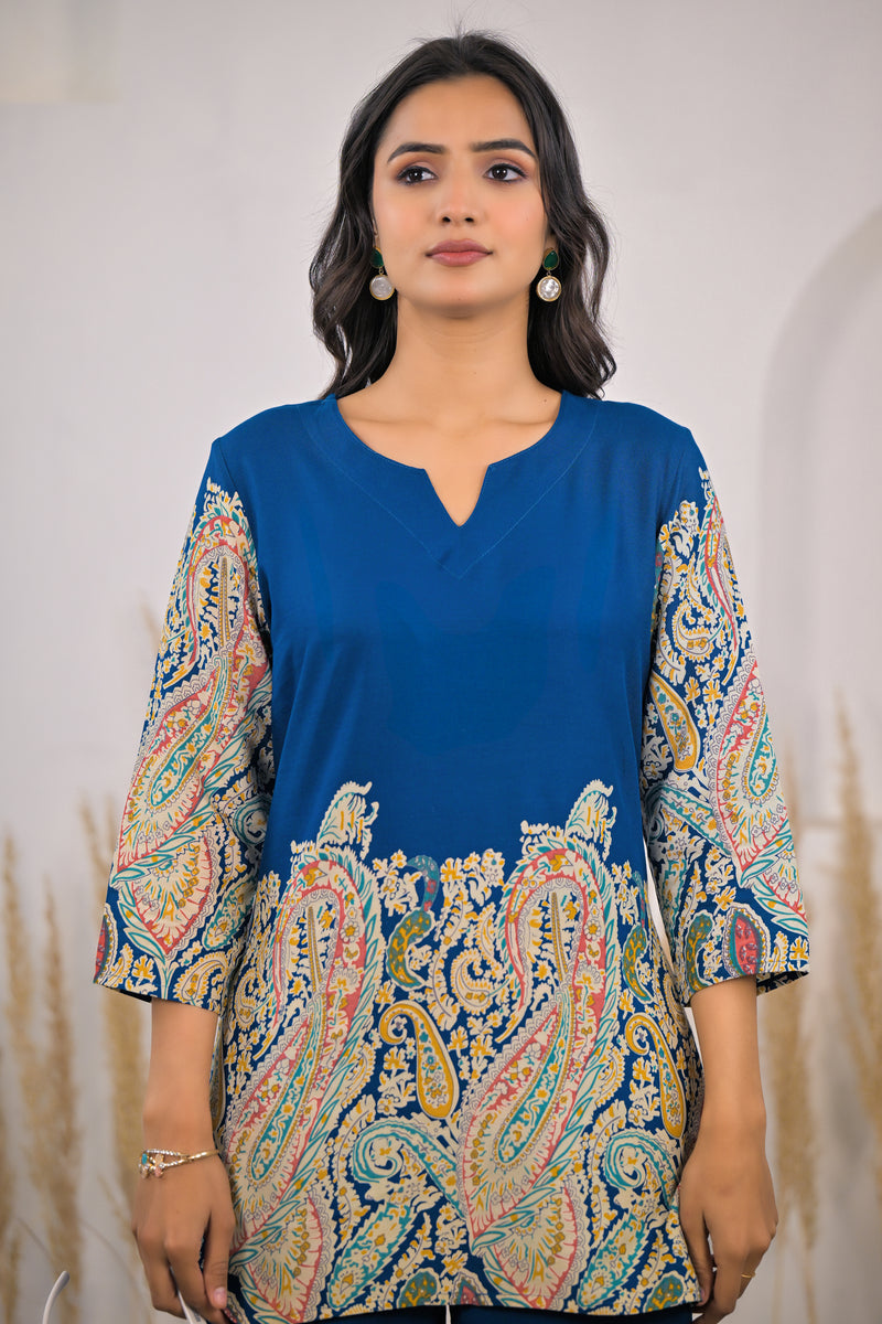 Blue V-Neck Rayon Co-ord Set Close View