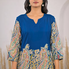 Blue V-Neck Rayon Co-ord Set Close View