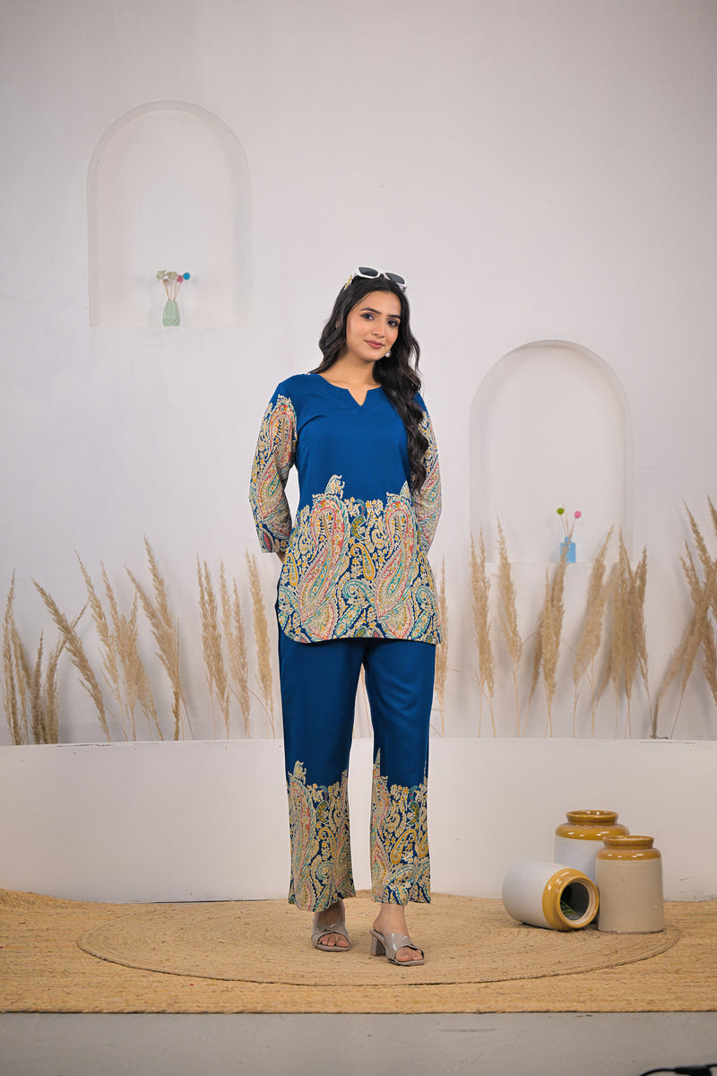 Blue V-Neck Rayon Co-ord Set Front