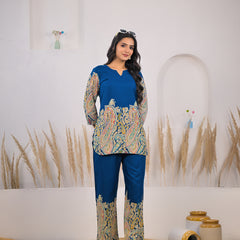 Blue V-Neck Rayon Co-ord Set Front