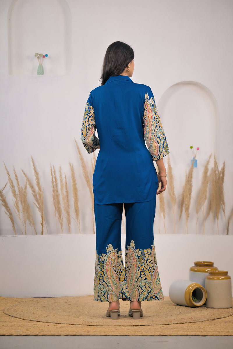 Blue V-Neck Rayon Co-ord Set Back
