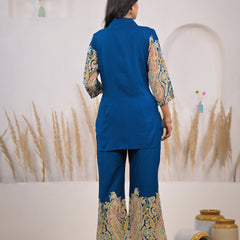Blue V-Neck Rayon Co-ord Set Back
