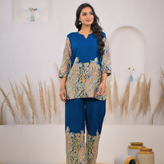 Blue V-Neck Rayon Co-ord Set Image