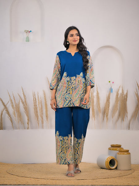 Blue V-Neck Rayon Co-ord Set Image