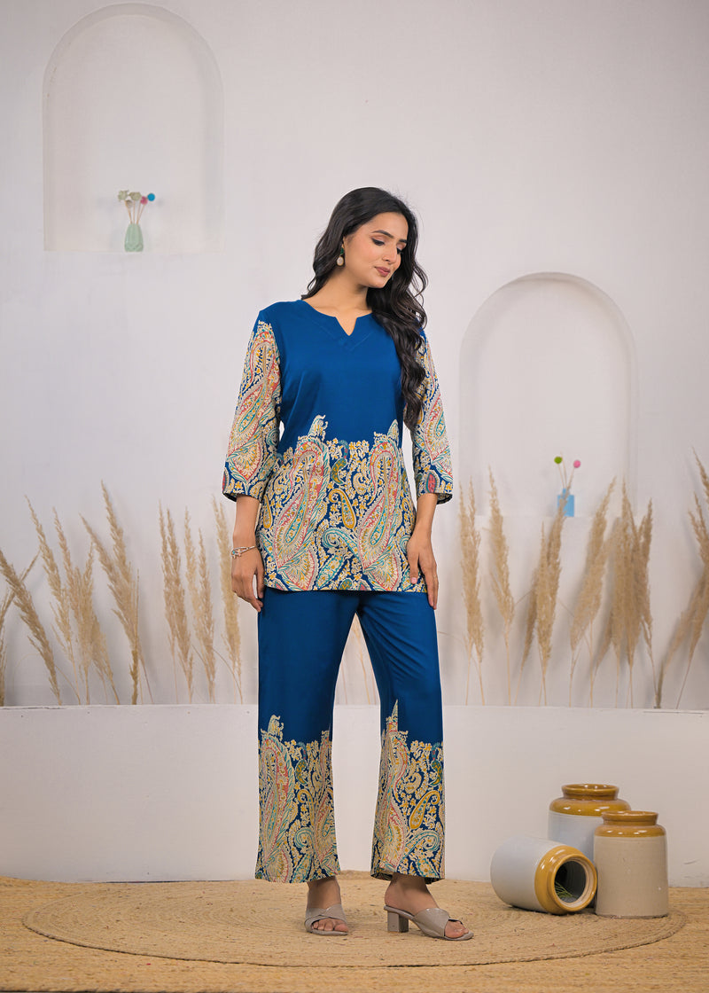Blue V-Neck Rayon Co-ord Set Picture