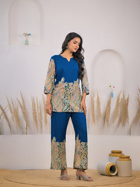 Blue V-Neck Rayon Co-ord Set Picture