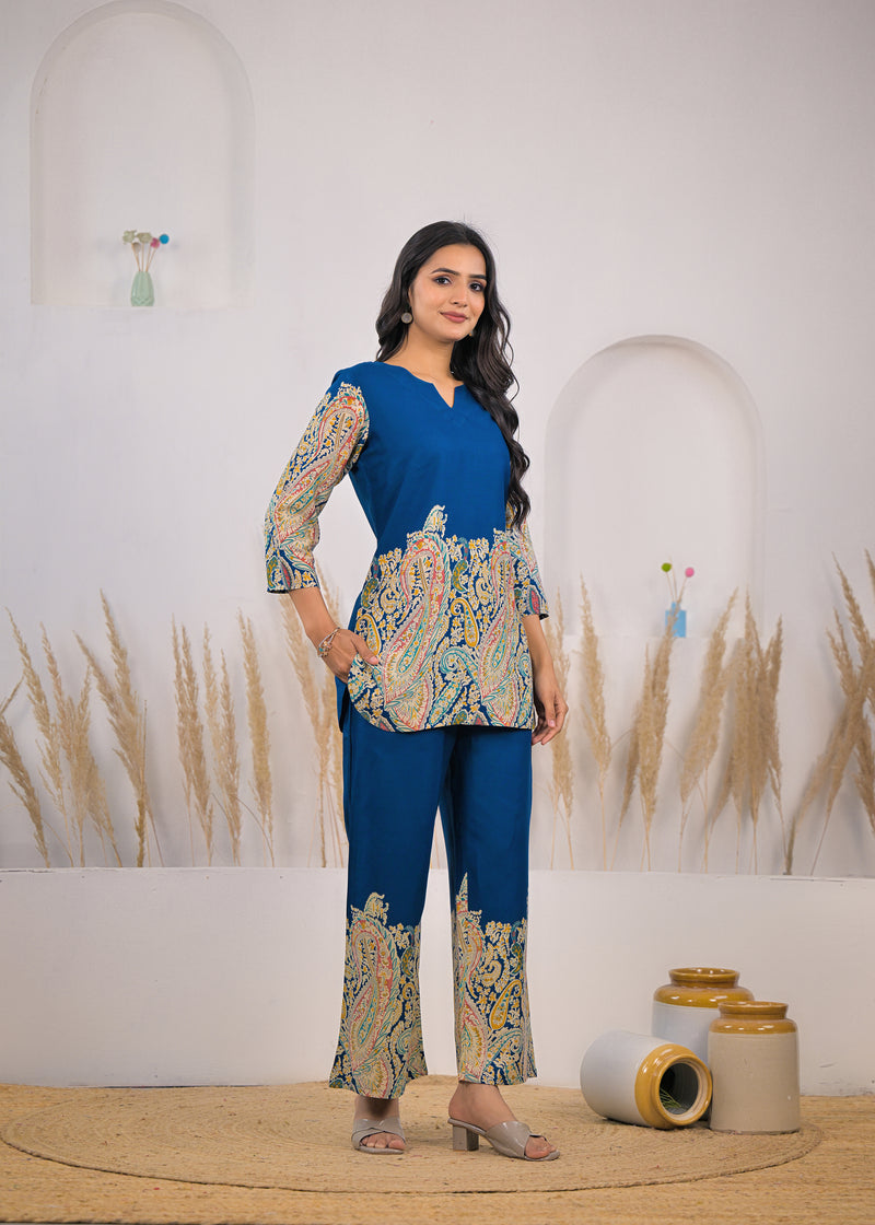 Blue V-Neck Rayon Co-ord Set 